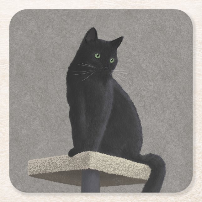Posavasos Cuadrado De Papel Royalty de gato negro (Anverso)