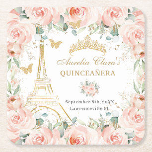Posavasos Cuadrado De Papel Rubor Floral París Eiffel Champán Quinceañera