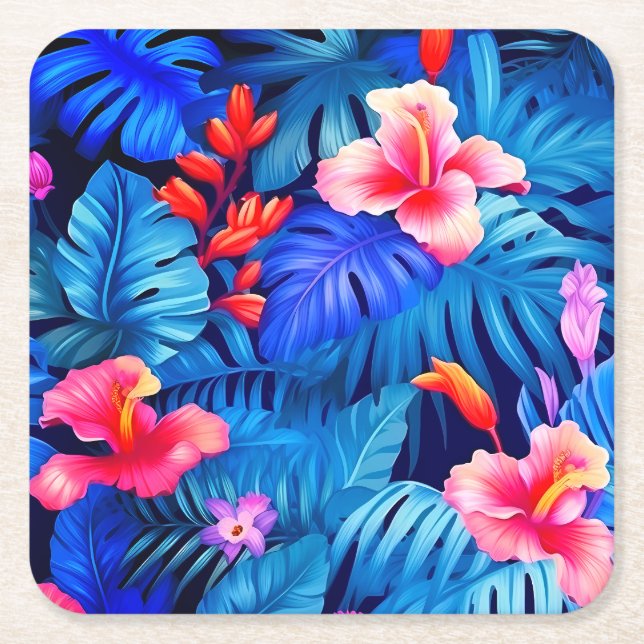 Posavasos Cuadrado De Papel Rubor tropical: escayola rosa de papel morado azul (Anverso)