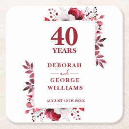 Posavasos Cuadrado De Papel Ruby Elegant Floral 40º Aniversario Boda