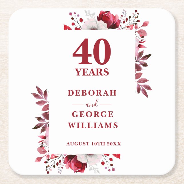 Posavasos Cuadrado De Papel Ruby Elegant Floral 40º Aniversario Boda (Anverso)
