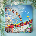 Posavasos Cuadrado De Papel Rueda de la montaña rusa de la rueda feliz guión d<br><div class="desc">"Feliz cumpleaños". Revivir los recuerdos infantiles de brisas suaves, gritos felices y vistas de los pájaros. Recuerde la diversión mientras celebra los cumpleaños usando estas galletitas de papel de naranja, turquesa y azul de la rueda de la montaña rusa. La elección de varias formas. También se ofrecen placas, servilletas y...</div>