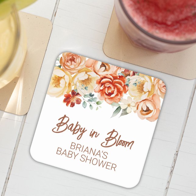 Posavasos Cuadrado De Papel Rust Beige Floral Sexo Neutral Baby Shower (Subido por el creador)