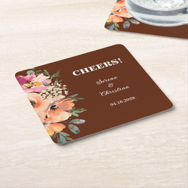 Posavasos Cuadrado De Papel Rust Floral Cheers (En perspectiva)