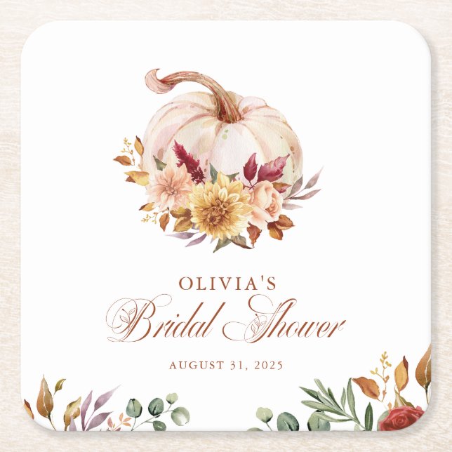 Posavasos Cuadrado De Papel Rust Terracotta Floral Pampas Grasa y Calabaza (Anverso)