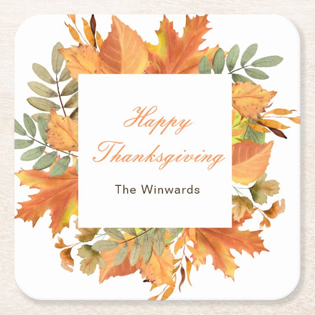 Posavasos Cuadrado De Papel Rustic Autumn Fall Leaves Square Thanksgiving  (Anverso)