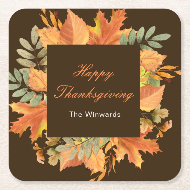 Posavasos Cuadrado De Papel Rustic Autumn Fall Leaves Square Thanksgiving  (Anverso)