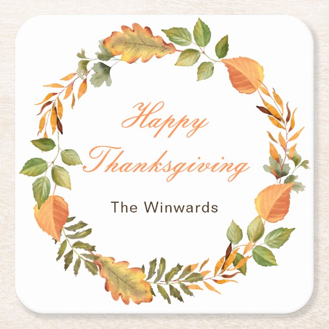 Posavasos Cuadrado De Papel Rustic Autumn Fall Leaves Square Thanksgiving  (Anverso)