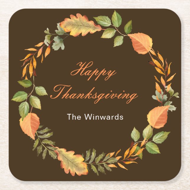 Posavasos Cuadrado De Papel Rustic Autumn Fall Leaves Square Thanksgiving  (Anverso)