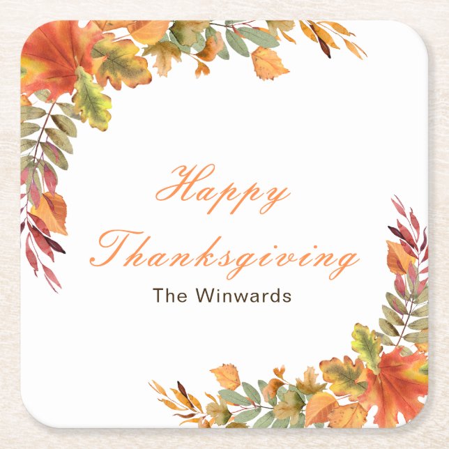 Posavasos Cuadrado De Papel Rustic Autumn Fall Leaves Thanksgiving Party (Anverso)
