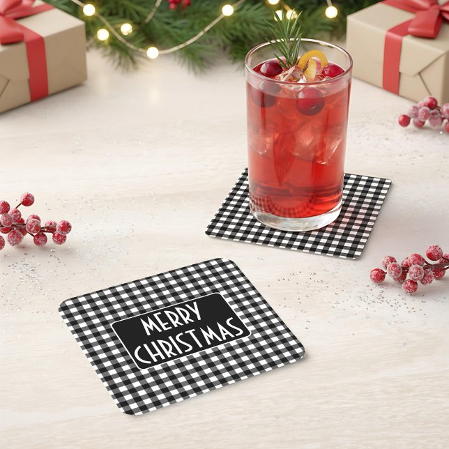 Posavasos Cuadrado De Papel Rustic Black & White Buffalo Plaid Merry Christmas (Subido por el creador)