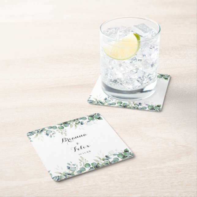 Posavasos Cuadrado De Papel Rustic Botanical Eucalyptus Greenery Wedding (In situ)