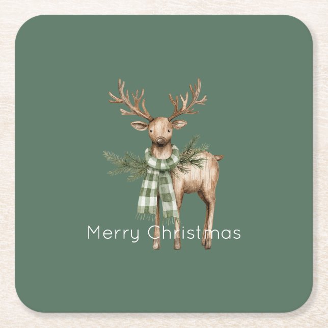 Posavasos Cuadrado De Papel Rustic Brown Cream Green Deer (Anverso)
