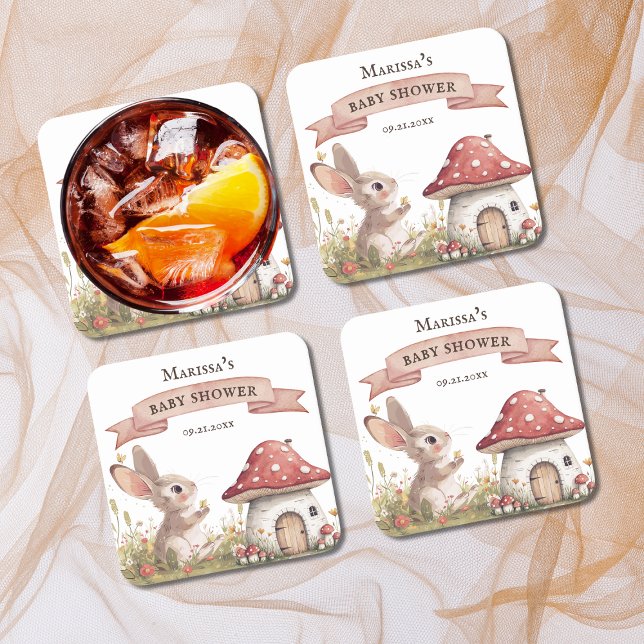 Posavasos Cuadrado De Papel Rustic Bunny Baby Shower (cute rustic bunny rabbit baby shower paper coasters, gender neutral baby shower party supplies)