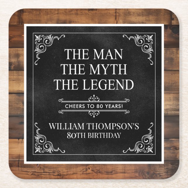 Posavasos Cuadrado De Papel Rustic Man Myth Legend 80th Birthday Black (Anverso)