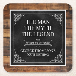Posavasos Cuadrado De Papel Rustic Man Myth Legend 90th Birthday Black