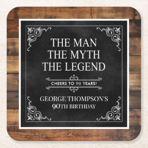 Posavasos Cuadrado De Papel Rustic Man Myth Legend 90th Birthday Black