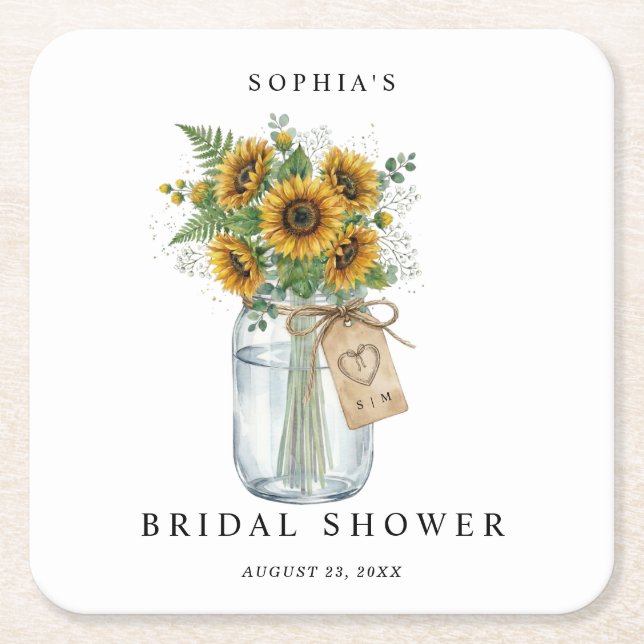 Posavasos Cuadrado De Papel Rustic Sunflower Mason Jar Bridal Shower Square  (Anverso)