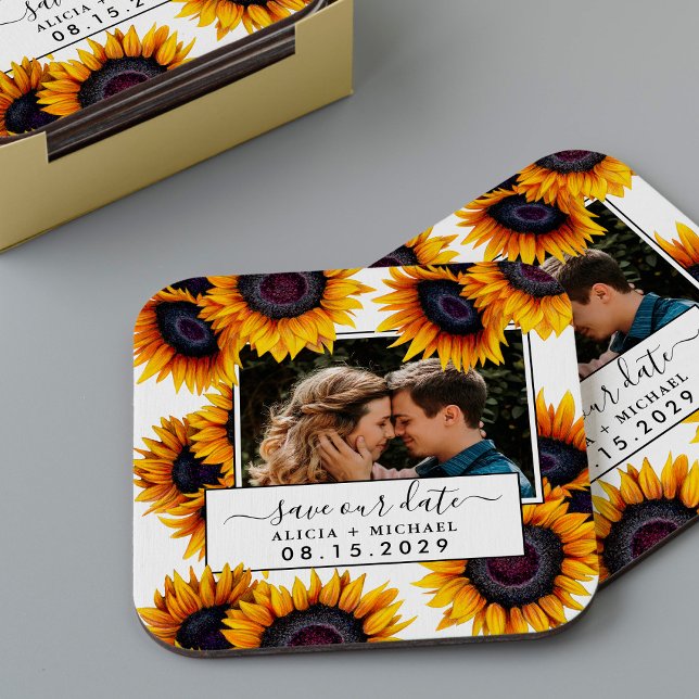 Posavasos Cuadrado De Papel Rustic sunflowers photo wedding save the date (Subido por el creador)