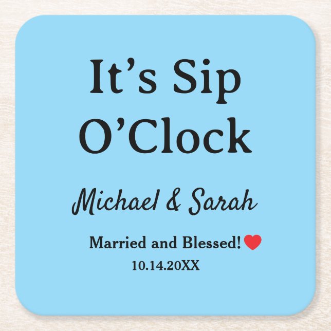 Posavasos Cuadrado De Papel Rustic Wedding Romantic ‘Sip O'clock’ Custom Blue (Anverso)