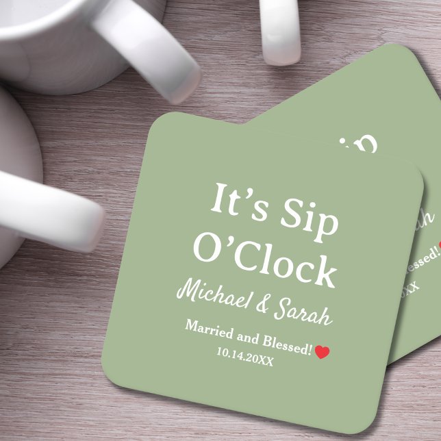 Posavasos Cuadrado De Papel Rustic Wedding Sage Green It’s Sip O’Clock Custom (Subido por el creador)