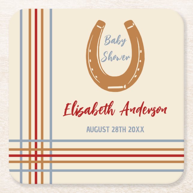 Posavasos Cuadrado De Papel Rustic Western Horseshoe Baby Shower (Anverso)