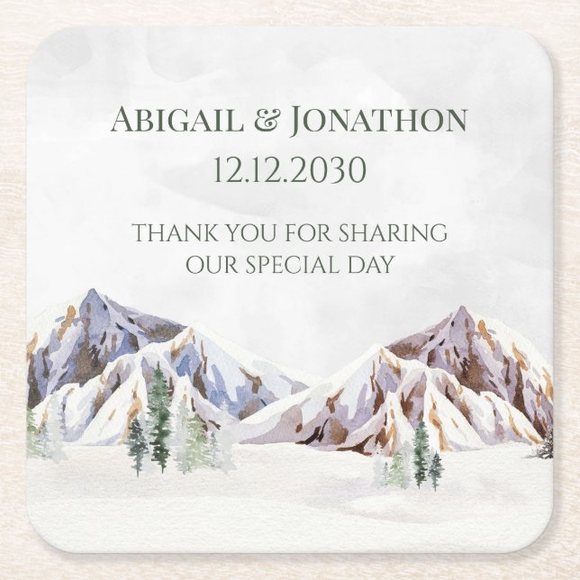 Posavasos Cuadrado De Papel Rustic Winter Forest Mountain Wedding (Anverso)