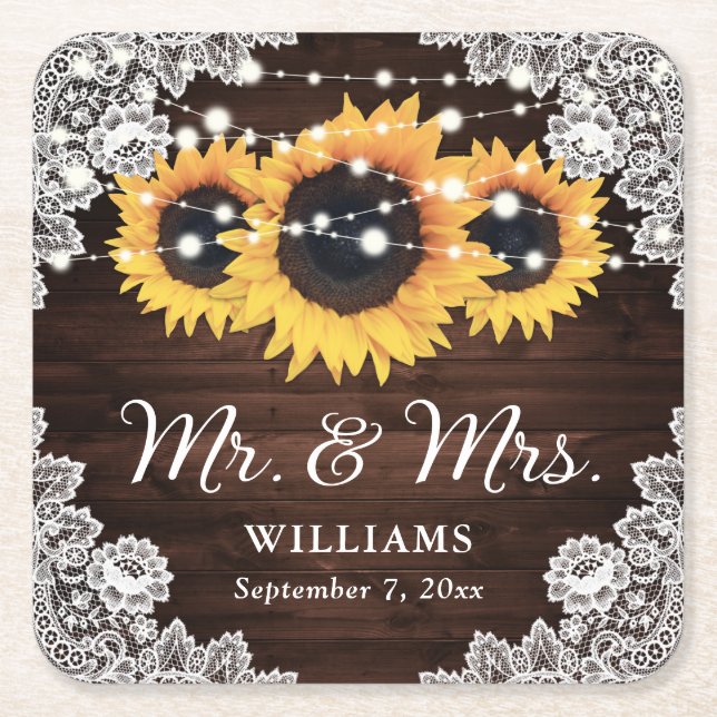 Posavasos Cuadrado De Papel Rustic Wood Lace String ilumina a Boda de girasol (Anverso)
