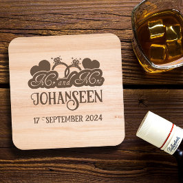 Posavasos Cuadrado De Papel Rustic Wood Mr. y Mrs. Bride Groom Wedding Favor