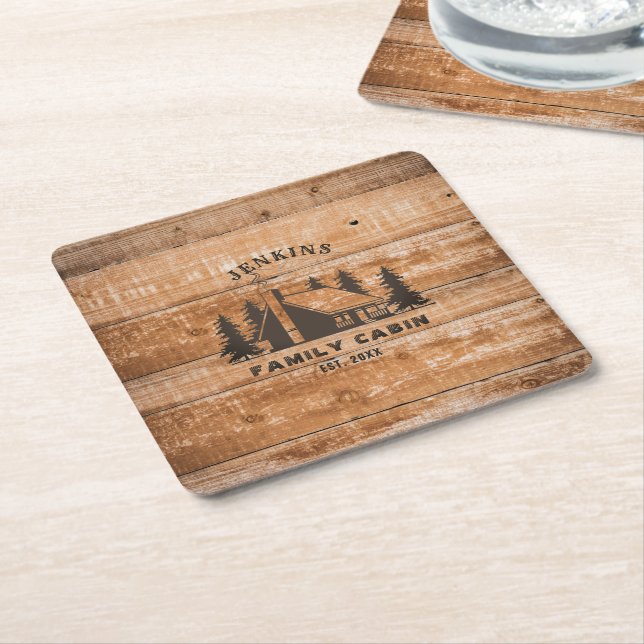 Posavasos Cuadrado De Papel Rustic Wood Pine Forest Cabin Lodge Personalized (En perspectiva)