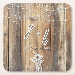 Posavasos Cuadrado De Papel Rustic Wood String ilumina Mason Jar Elegant Favor