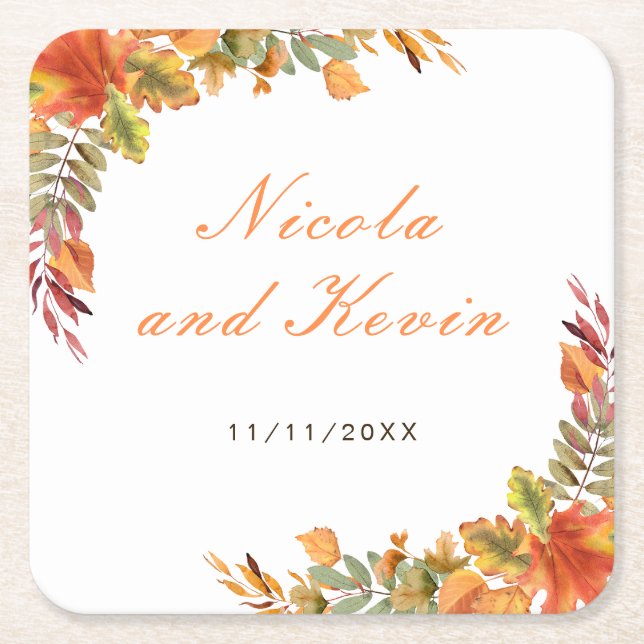 Posavasos Cuadrado De Papel Rústica caída otoñal deja Boda Gracias (Anverso)