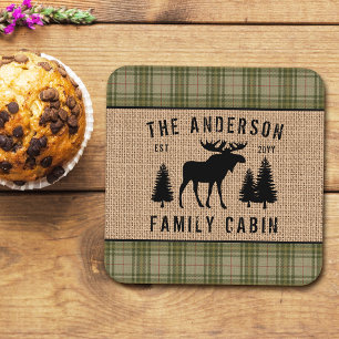 Posavasos Cuadrado De Papel Rústica familia Cabina Moose Pine Green Plaid Bur