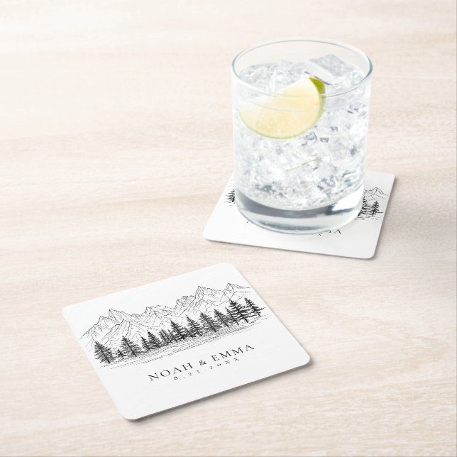 Posavasos Cuadrado De Papel Rústico Boda de bosquejo de montaña Woodland Pine (In situ)
