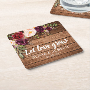 Posavasos Cuadrado De Papel Rústico Borgoña Floral Boda Favor