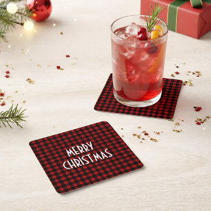 Posavasos Cuadrado De Papel Rústico Búfalo Rojo y Negro Juegan Feliz Navidad