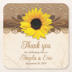 Posavasos Cuadrado De Papel Rústico Burlap Lace Wood Sunflower Boda