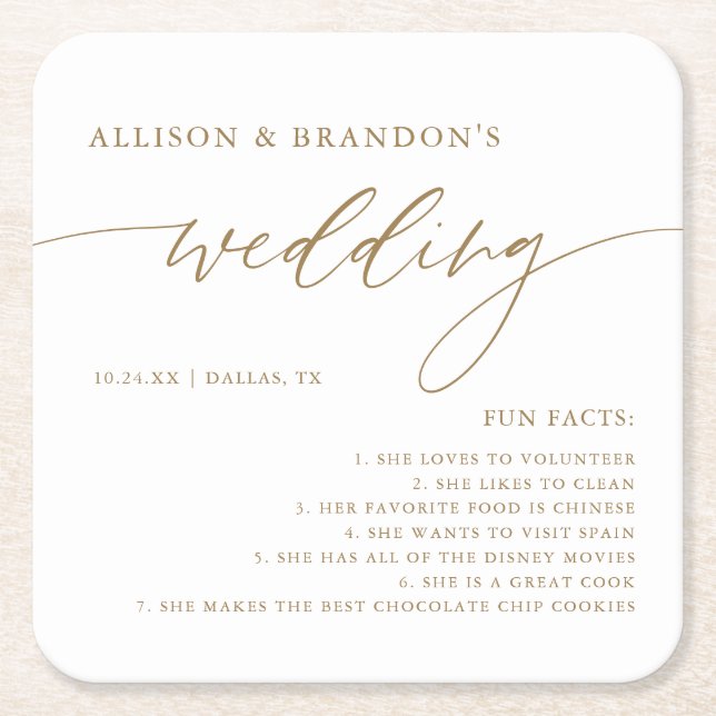 Posavasos Cuadrado De Papel Rústico de oro Elegante Boda Divertido Hechos Napk (Anverso)