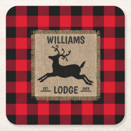 Posavasos Cuadrado De Papel Rústico reno Red Buffalo Plaid Family Name Tri