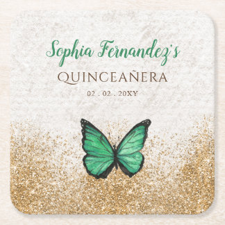 Posavasos Cuadrado De Papel Rustico Vintage Esmeralda Verde Oro Mariposa Cuadr