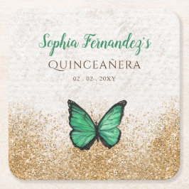 Posavasos Cuadrado De Papel Rústico Vintage Verde Esmeralda Mariposa Dorada Cu