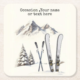 Posavasos Cuadrado De Papel Rústico Watercolor Ski Snow Tree Mountain Winter