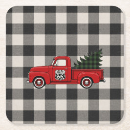 Posavasos Cuadrado De Papel Ruta 66 Arte de Plaid de Camión Rojo Antiguo para