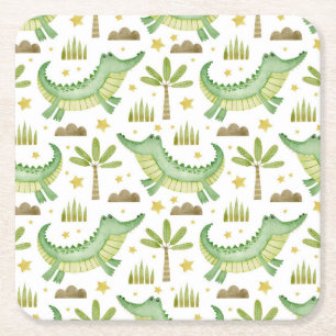 Posavasos Cuadrado De Papel Safari africano: Cocodrilo acuarela y palmeras