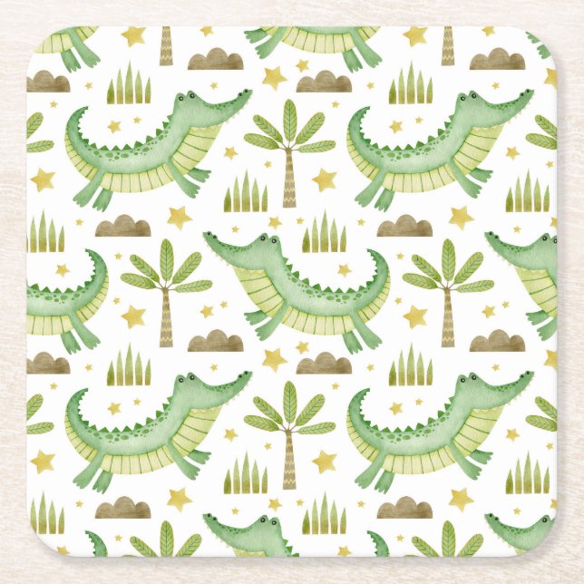 Posavasos Cuadrado De Papel Safari africano: Cocodrilo acuarela y palmeras (Anverso)