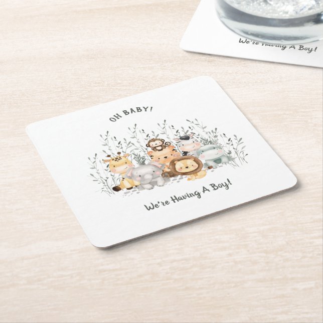 Posavasos Cuadrado De Papel Safari Animals Baby Shower (En perspectiva)