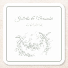 Posavasos Cuadrado De Papel Sage Gray Toile de Jouy Wedding Paper Coasters