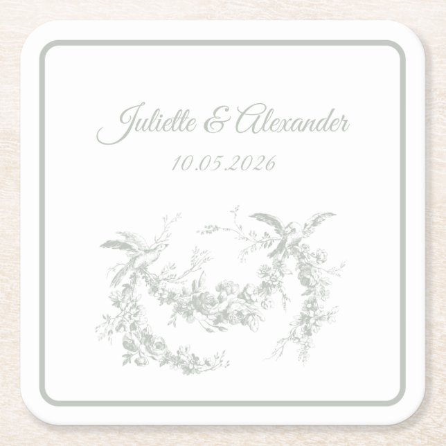 Posavasos Cuadrado De Papel Sage Gray Toile de Jouy Wedding Paper Coasters (Anverso)