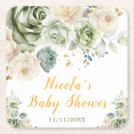 Posavasos Cuadrado De Papel Sage Green and Cream Floral Baby Shower