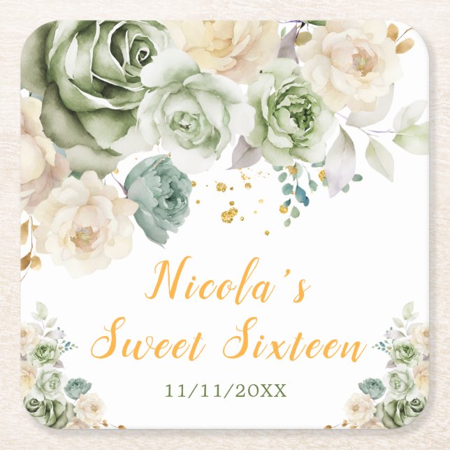Posavasos Cuadrado De Papel Sage Green and Cream Floral Sweet Sixteen (Anverso)